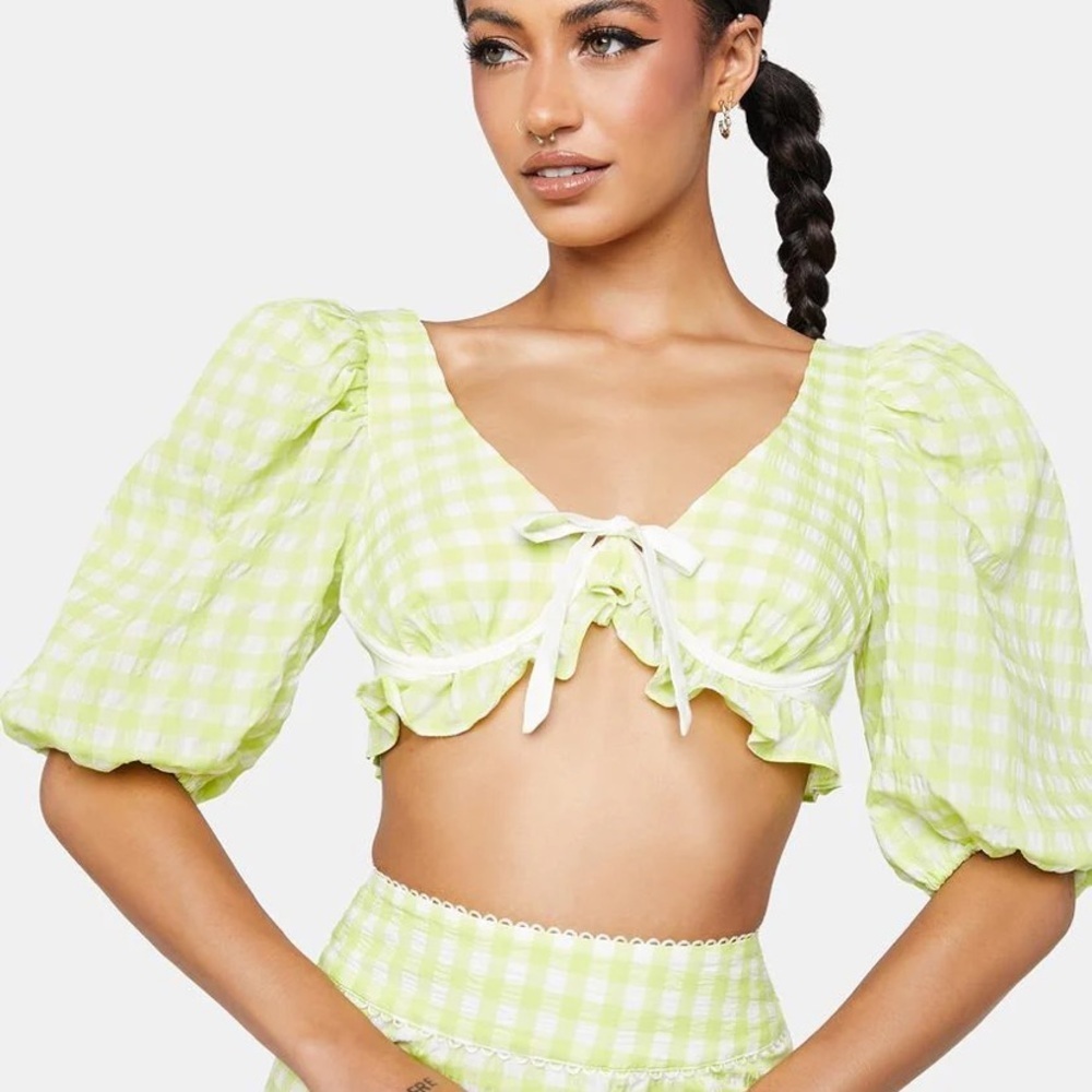 New! For Love And Lemons Maureen Green Checkered gingham Crop Top 2883